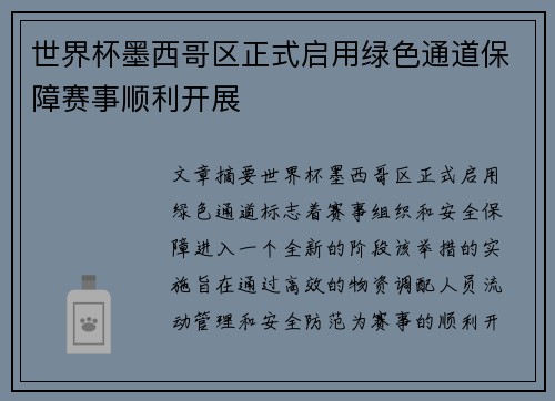 世界杯墨西哥区正式启用绿色通道保障赛事顺利开展
