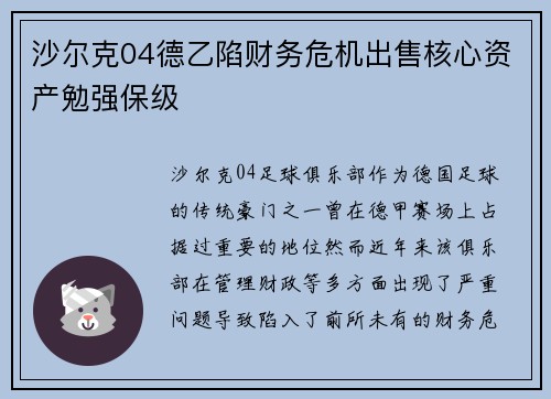 沙尔克04德乙陷财务危机出售核心资产勉强保级